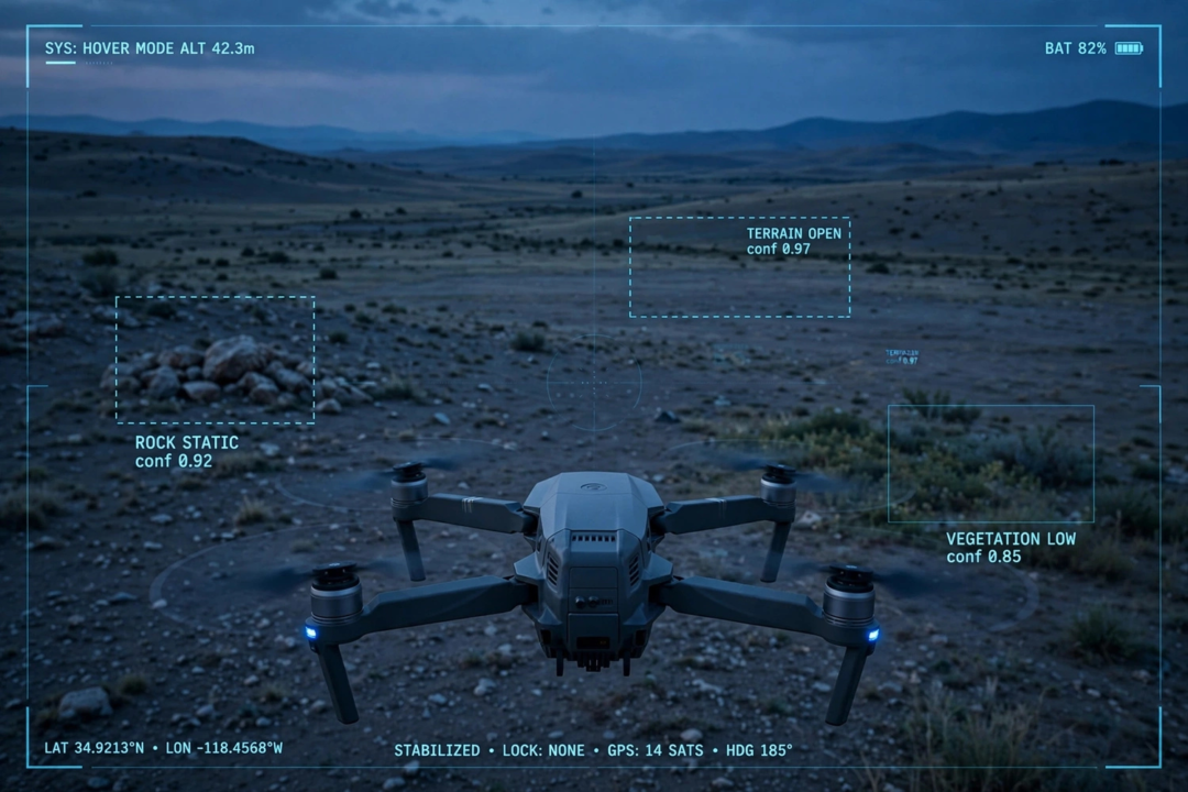 Quadcopter drone hovering over open terrain at dusk with computer-vision detection overlays, illustrating autonomous weapons targeting