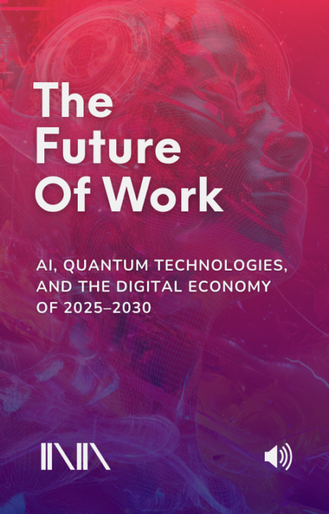 Audiobook cover of “The Future of Work,” a digital MP3 audiobook on AI, quantum technologies, and the digital economy of 2025–2030.