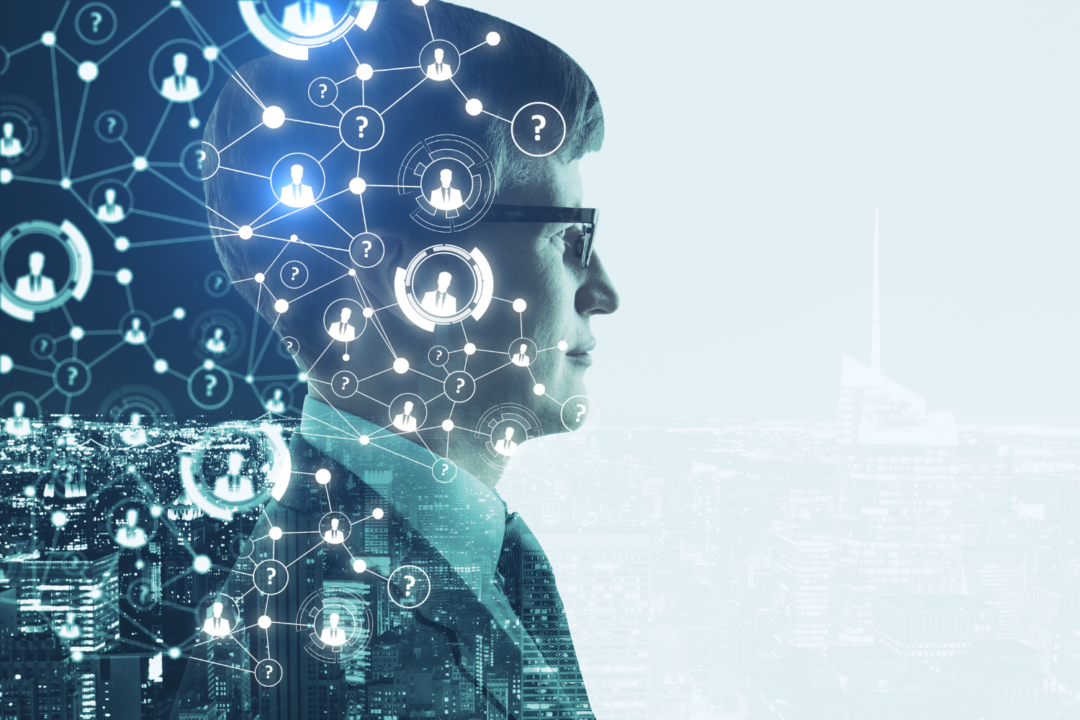 Profile of a person overlaid with a network of connected people and question marks, illustrating citizens within an opaque system of algorithmic governance